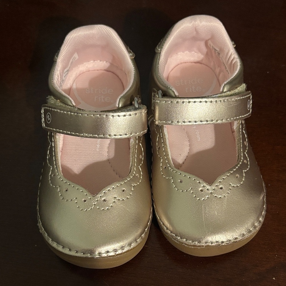 Stride Rite Metallic Gold Mary Janes with Pink Lining